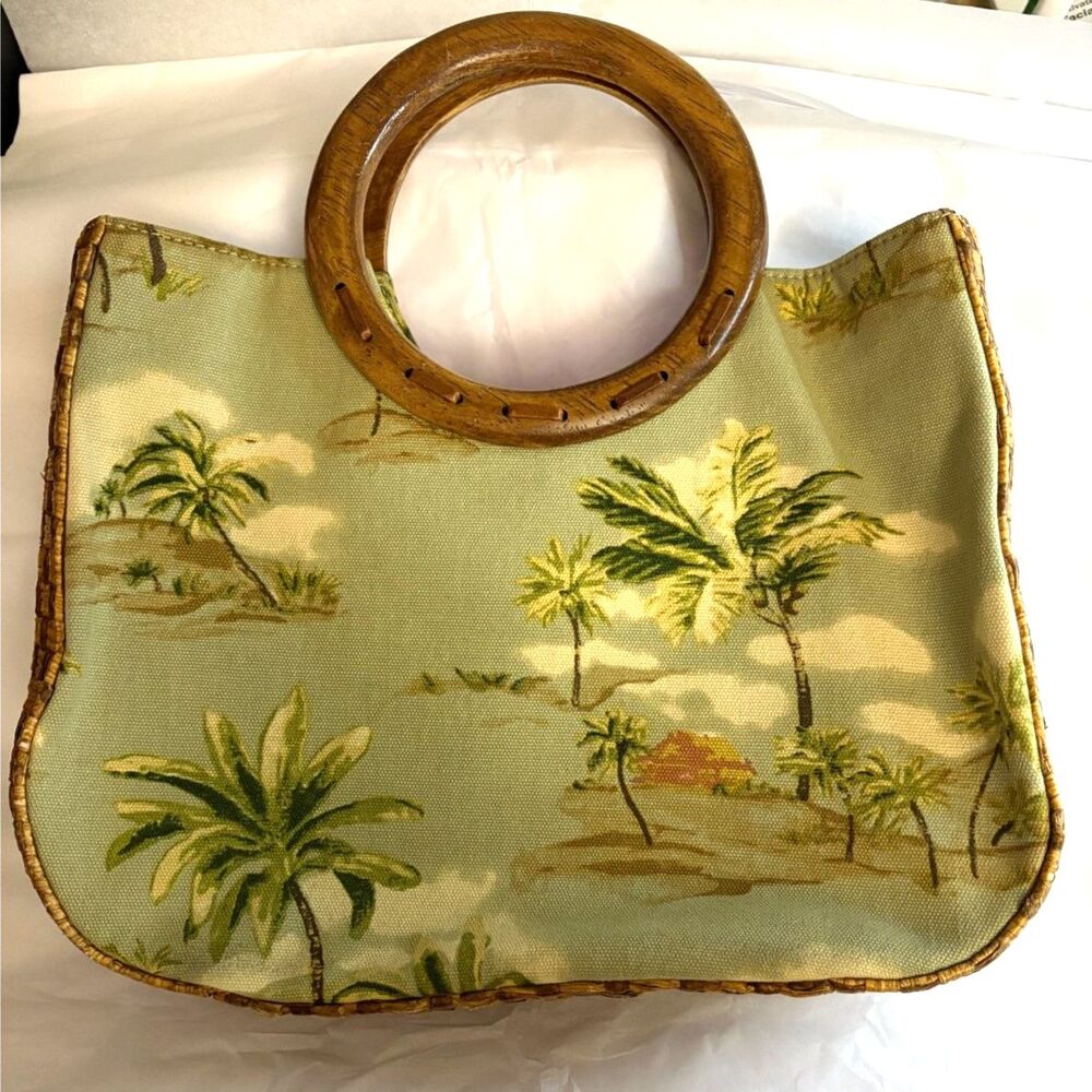 Fossil Purse with Wood Handles Palm Trees Wicker Detail